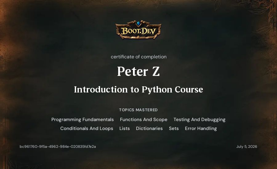 Peter Z's Boot.dev Introduction to Python Course certificate