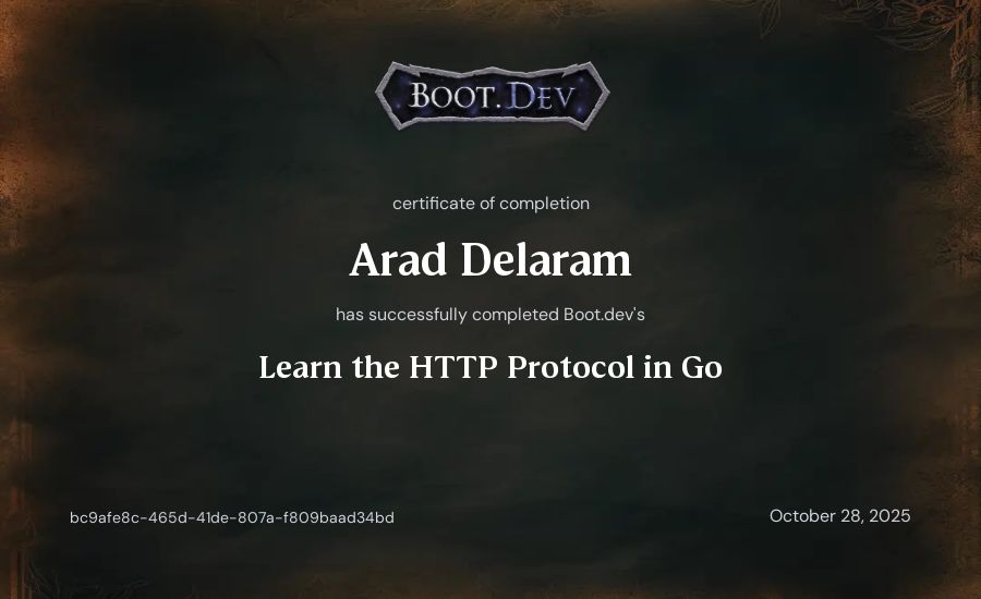 Arad Delaram's Boot.dev Learn the HTTP Protocol in Go certificate