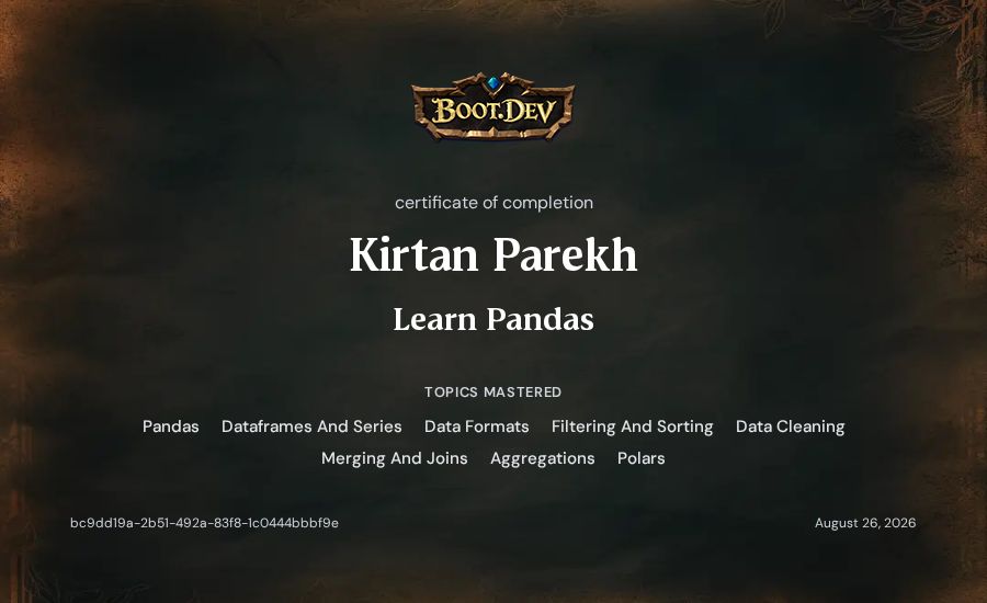 Kirtan Parekh's Boot.dev Learn Pandas certificate