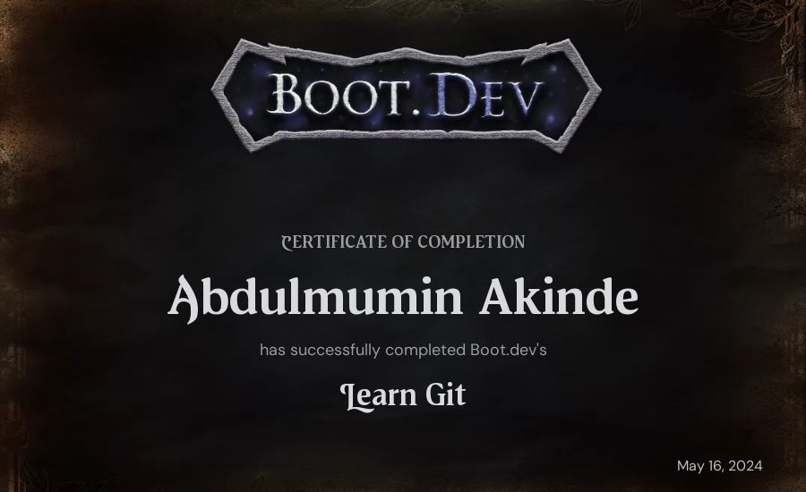 Abdulmumin Akinde's Boot.dev Learn Git certificate
