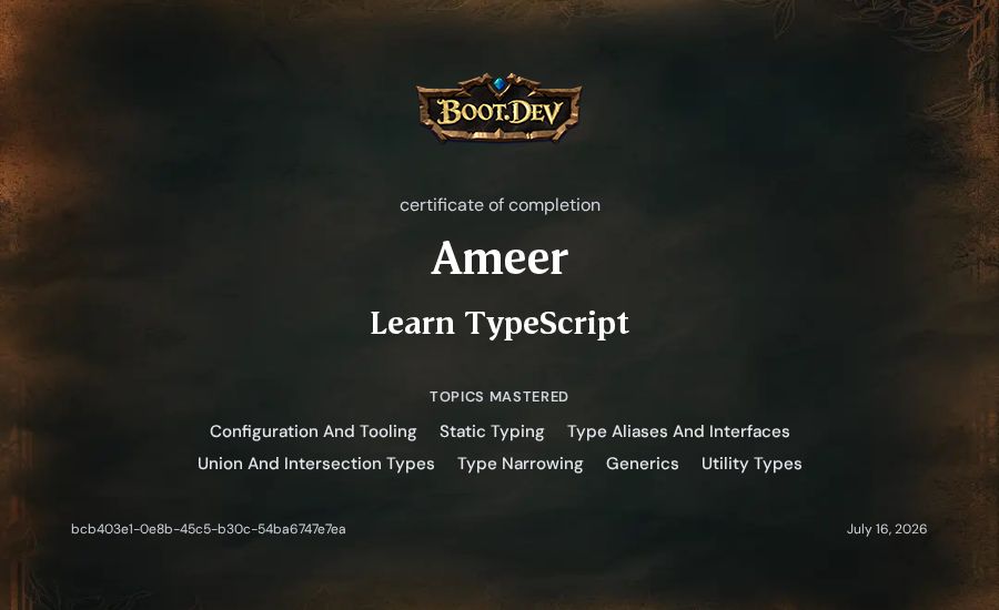 Ameer's Boot.dev Learn TypeScript certificate