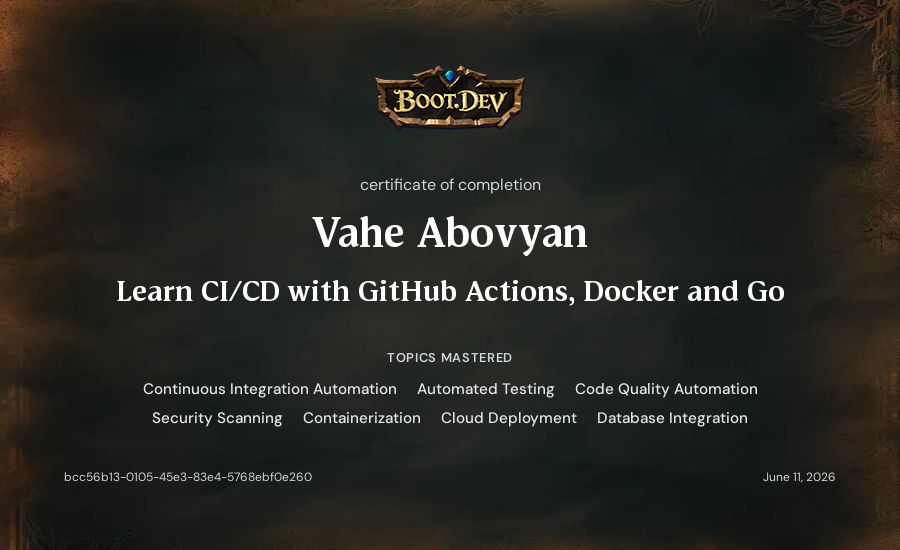 Vahe Abovyan's Boot.dev Learn CI/CD with GitHub Actions, Docker and Go certificate