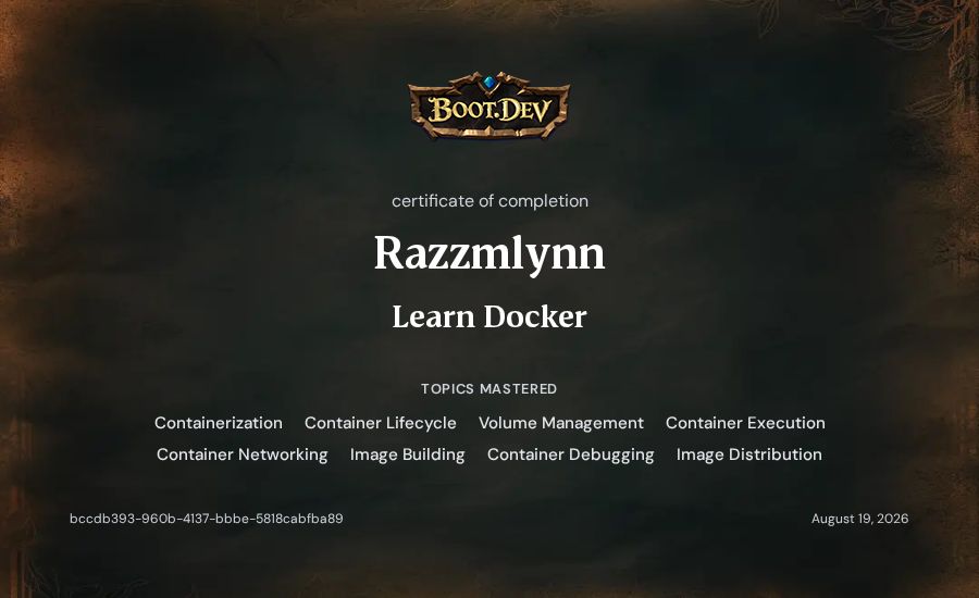Razzmlynn's Boot.dev Learn Docker certificate