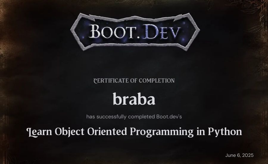 braba's Boot.dev Learn Object Oriented Programming in Python certificate