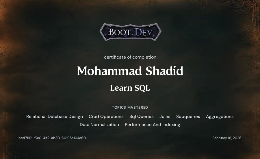 Mohammad Shadid's Boot.dev Learn SQL certificate