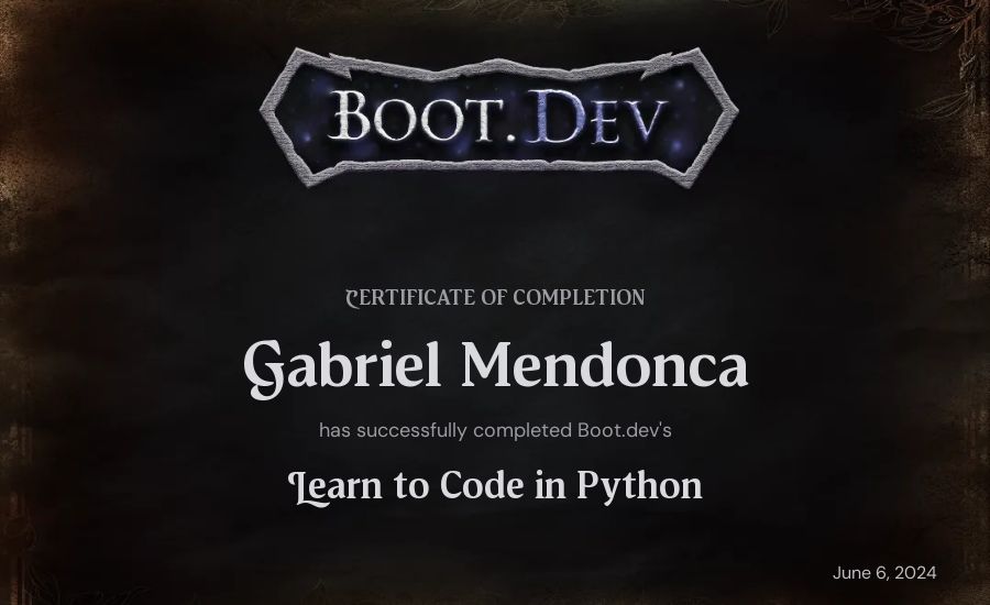 Gabriel Mendonca's Boot.dev Introduction to Python Course certificate