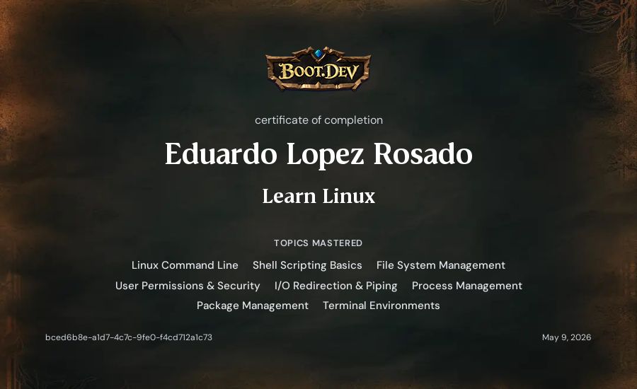 Eduardo Lopez Rosado's Boot.dev Learn Linux certificate