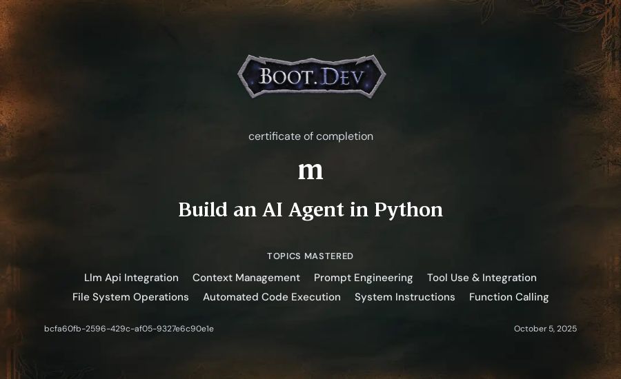 m's Boot.dev Build an AI Agent in Python certificate