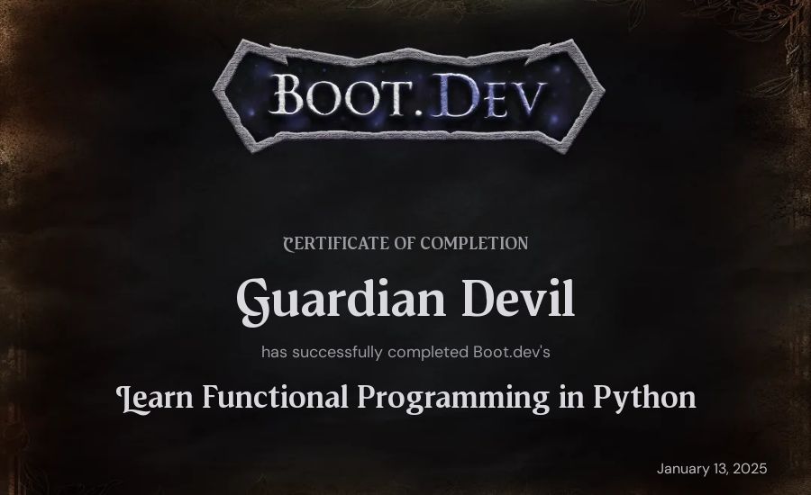 Guardian Devil's Boot.dev Learn Functional Programming in Python certificate