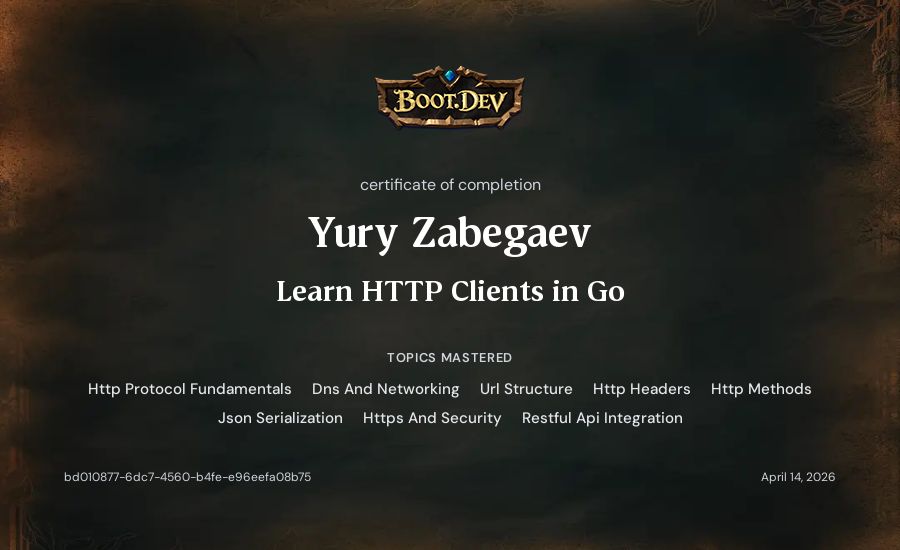 Yury Zabegaev's Boot.dev Learn HTTP Clients in Go certificate
