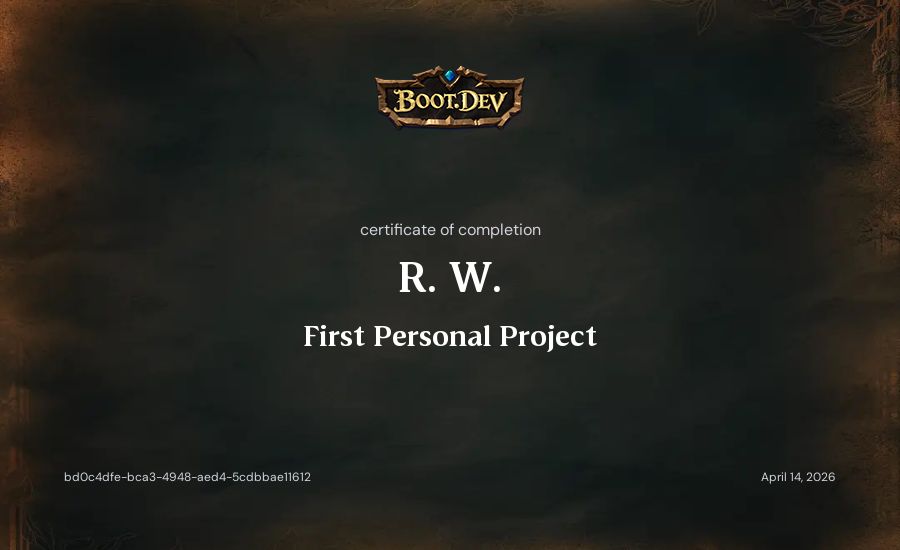 R. W.'s Boot.dev First Personal Project certificate
