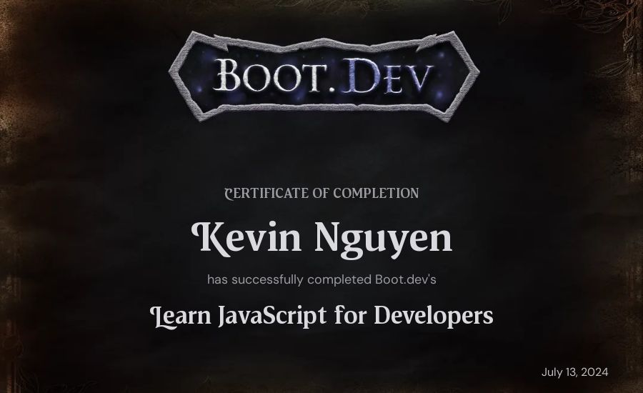 Kevin Nguyen's Boot.dev Learn JavaScript certificate