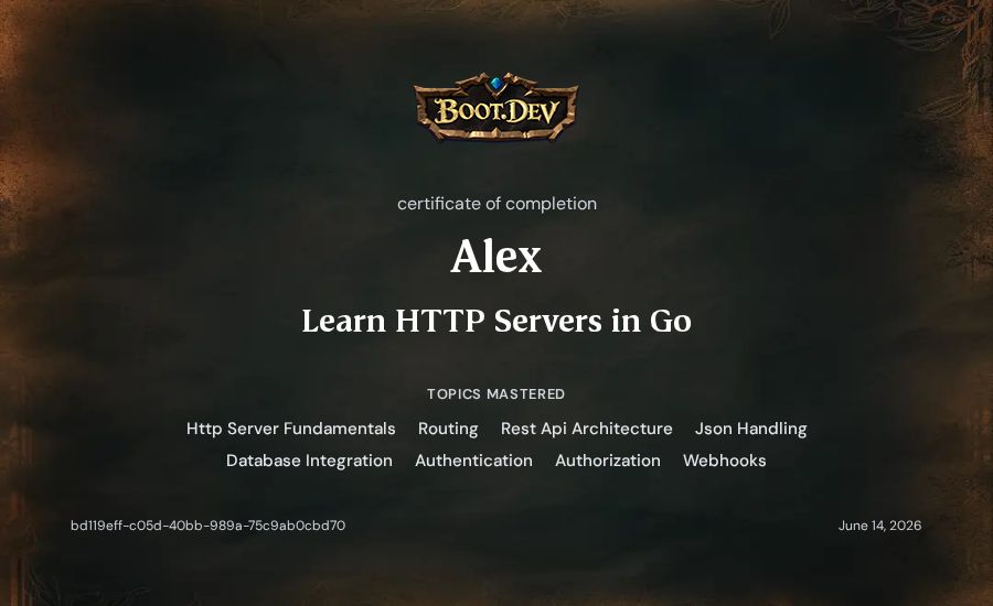 Alex's Boot.dev Learn HTTP Servers in Go certificate