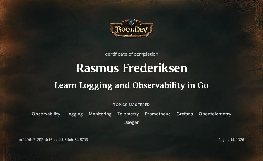 Rasmus Frederiksen's Boot.dev Learn Logging and Observability in Go certificate