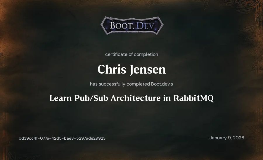Chris Jensen's Boot.dev Learn Pub/Sub in RabbitMQ and Go certificate