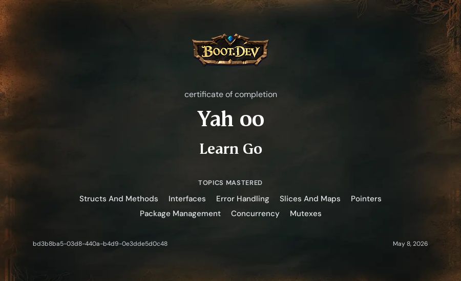 Yah oo's Boot.dev Learn Go certificate