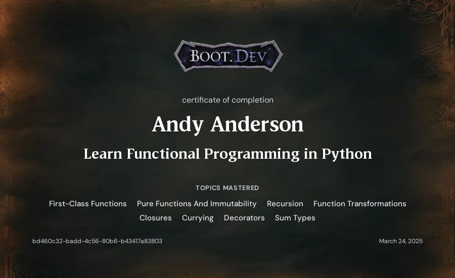 Andy Anderson's Boot.dev Learn Functional Programming in Python certificate