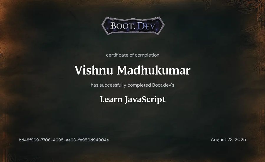 Vishnu Madhukumar's Boot.dev Learn JavaScript certificate