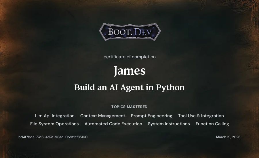 James's Boot.dev Build an AI Agent in Python certificate