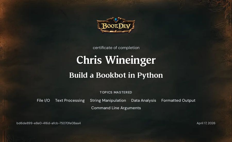 Chris Wineinger's Boot.dev Build a BookBot in Python certificate