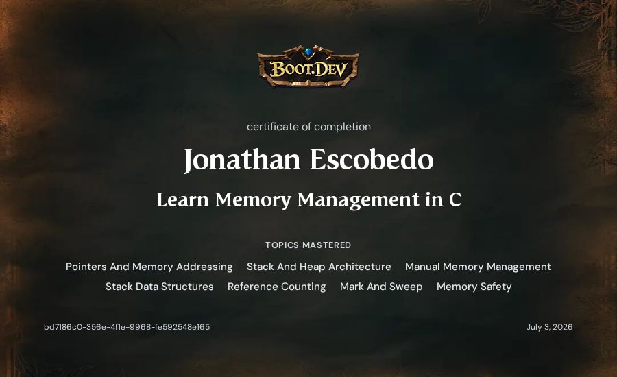 Jonathan Escobedo's Boot.dev Learn Memory Management in C certificate