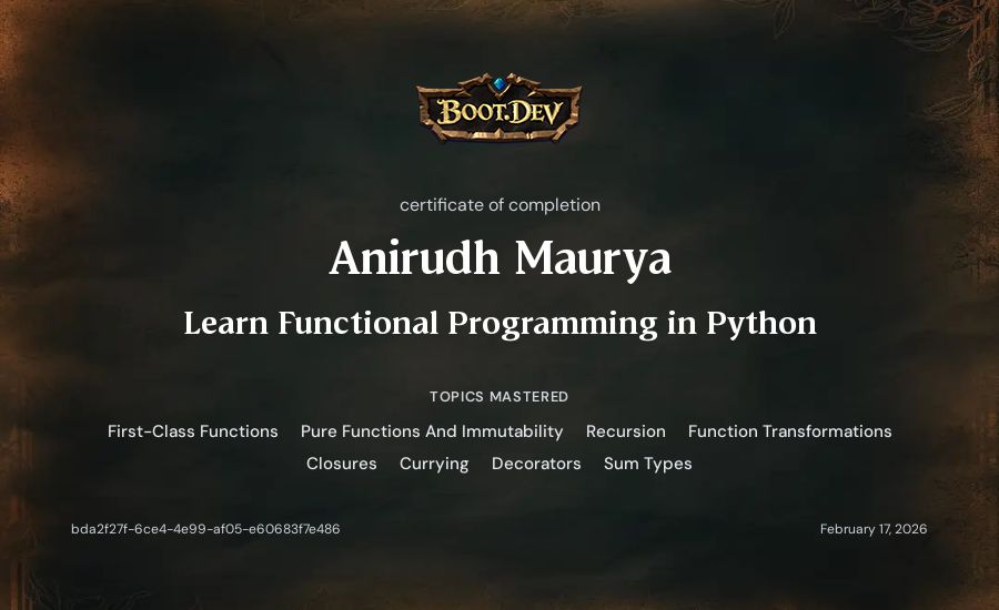 Anirudh Maurya's Boot.dev Learn Functional Programming in Python certificate