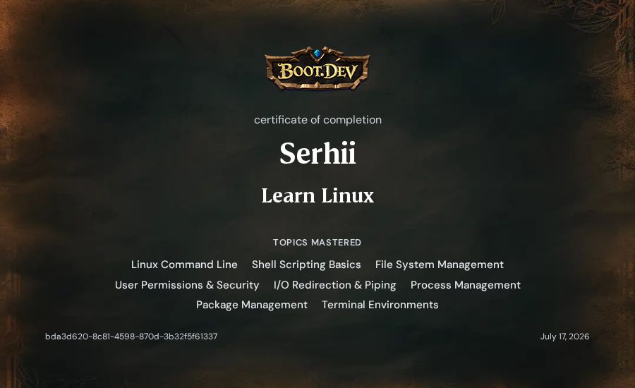 Serhii's Boot.dev Learn Linux certificate