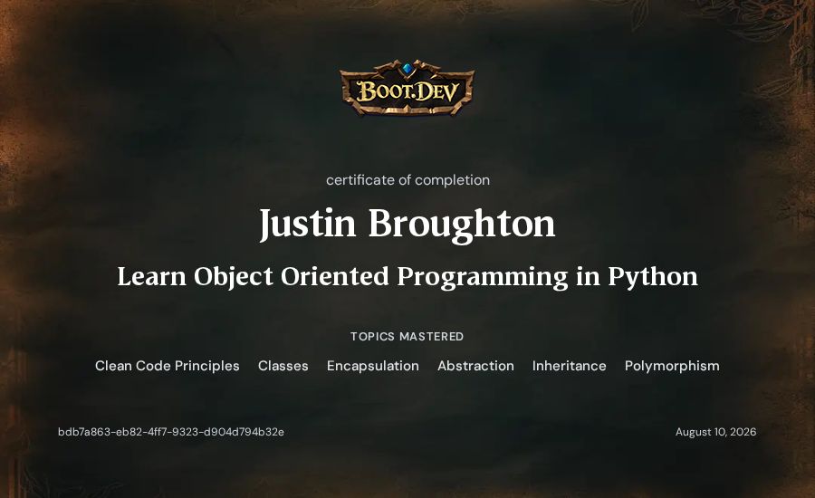 Justin Broughton's Boot.dev Learn Object Oriented Programming in Python certificate