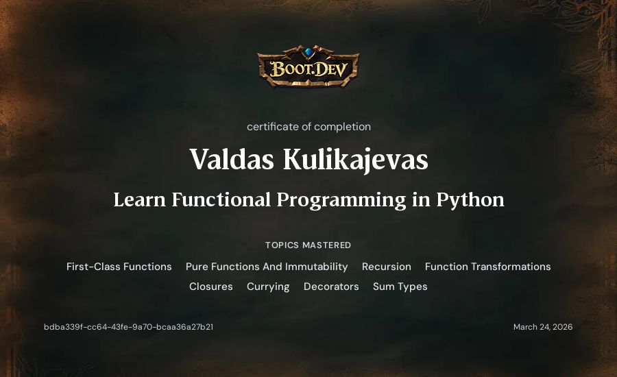 Valdas Kulikajevas's Boot.dev Learn Functional Programming in Python certificate