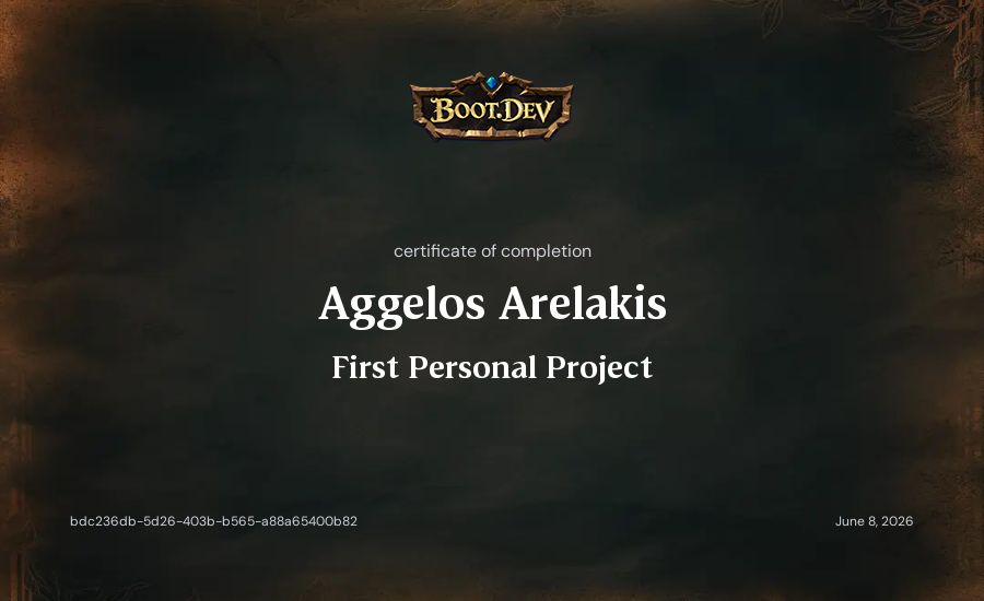 Aggelos Arelakis's Boot.dev First Personal Project certificate