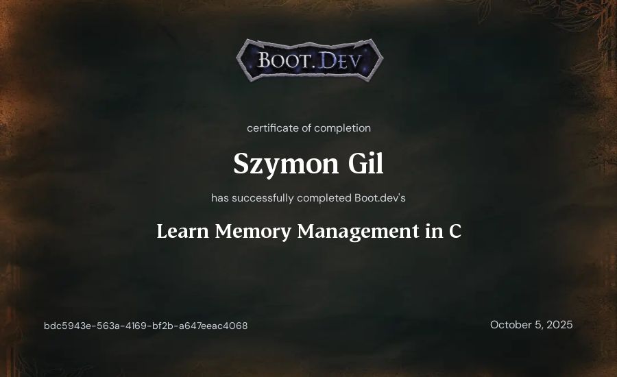 Szymon Gil's Boot.dev Learn Memory Management in C certificate