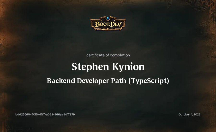 Stephen Kynion's Boot.dev Backend Developer Path (TypeScript) certificate