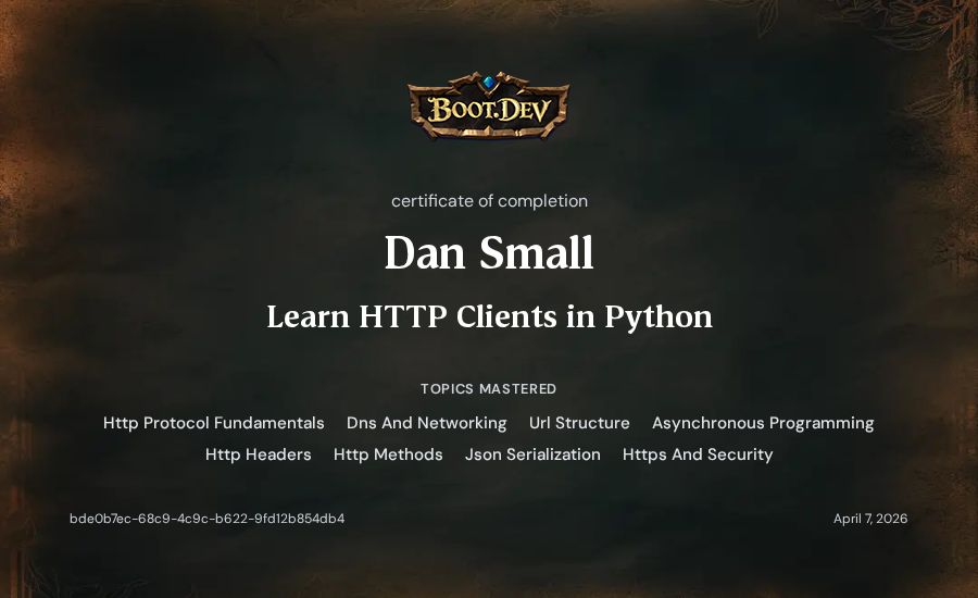 Dan Small's Boot.dev Learn HTTP Clients in Python certificate
