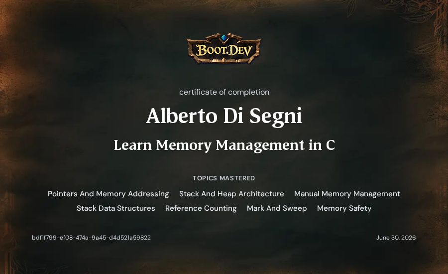 Alberto Di Segni's Boot.dev Learn Memory Management in C certificate
