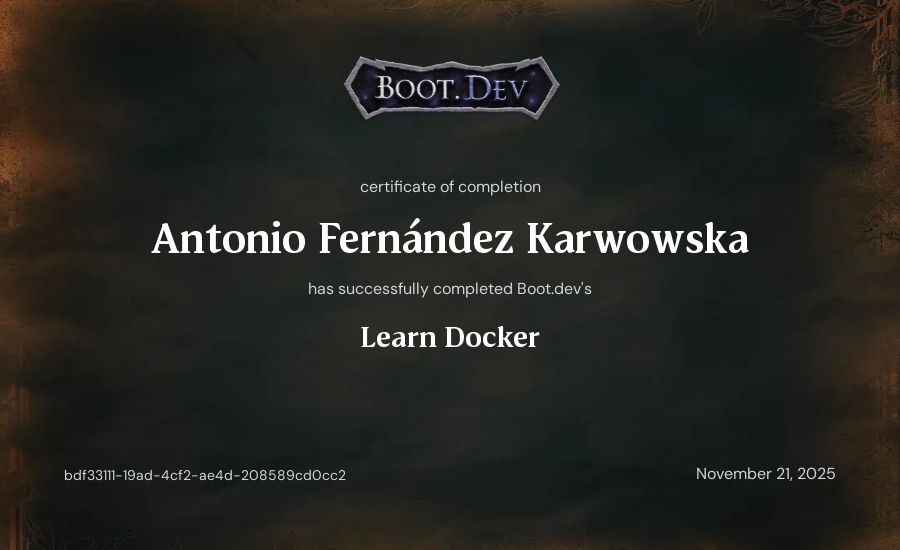 Antonio Fernández Karwowska's Boot.dev Learn Docker certificate