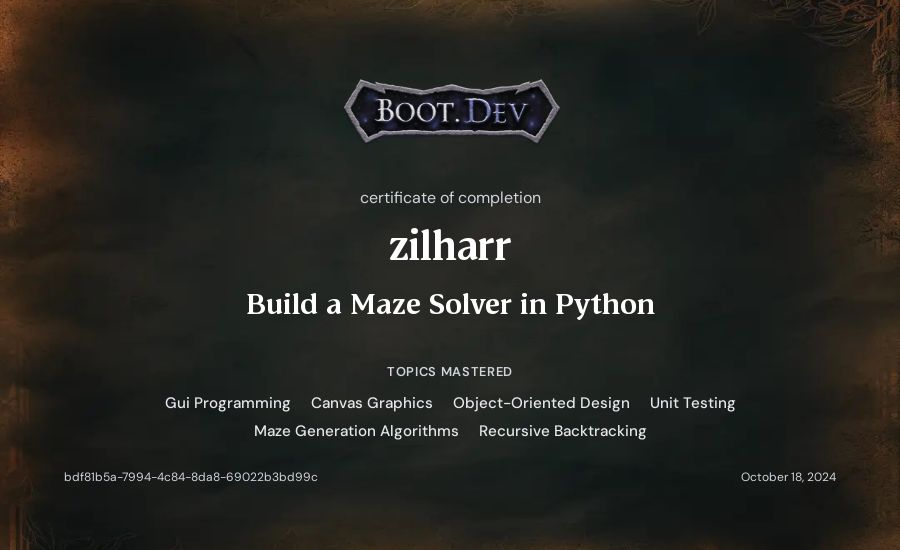 zilharr's Boot.dev Build a Maze Solver in Python certificate