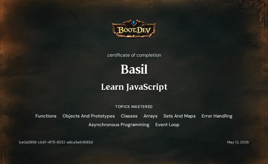 Basil's Boot.dev Learn JavaScript certificate