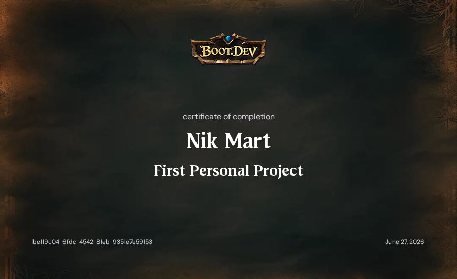 Nik Mart's Boot.dev First Personal Project certificate