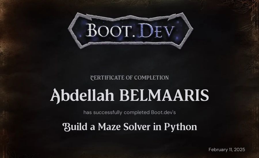 Abdellah BELMAARIS's Boot.dev Build a Maze Solver in Python certificate