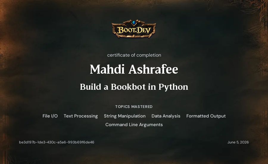 Mahdi Ashrafee's Boot.dev Build a BookBot in Python certificate