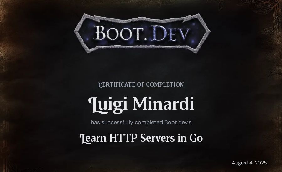 Luigi Minardi's Boot.dev Learn HTTP Servers in Go certificate