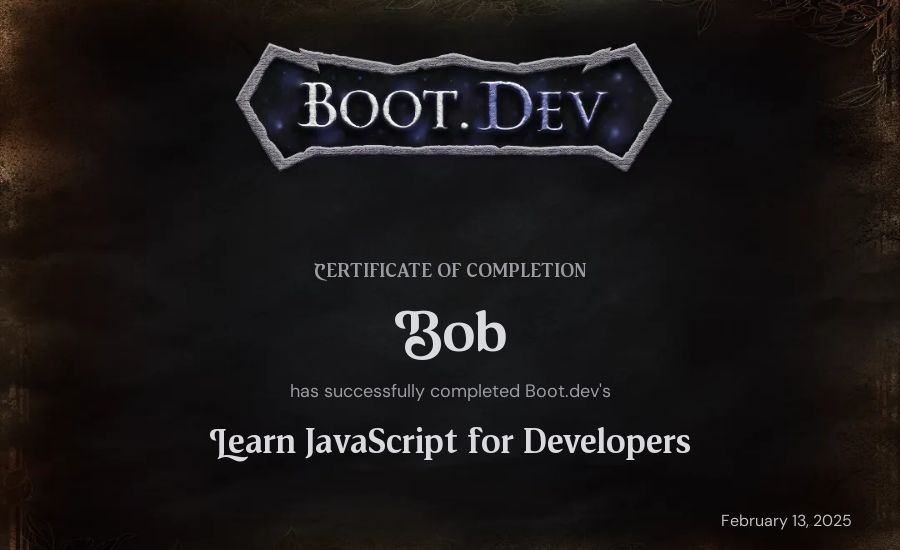 Bob Saludo's Boot.dev Learn JavaScript certificate