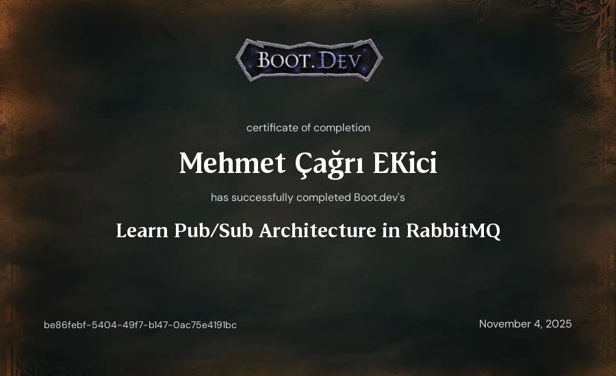 Mehmet Çağrı Ekici's Boot.dev Learn Pub/Sub in RabbitMQ and Go certificate