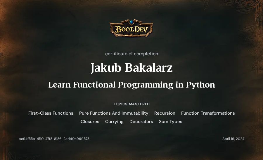 Jakub Bakalarz's Boot.dev Learn Functional Programming in Python certificate
