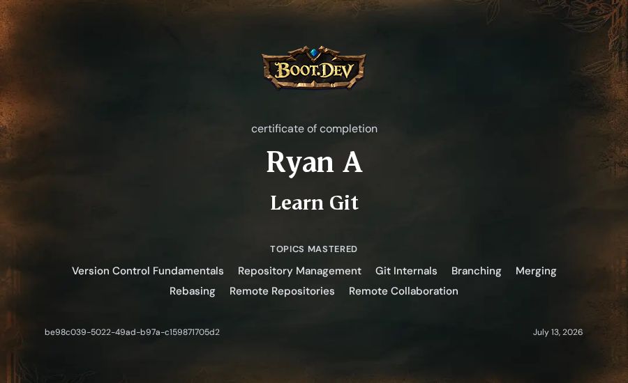 Ryan A's Boot.dev Learn Git certificate