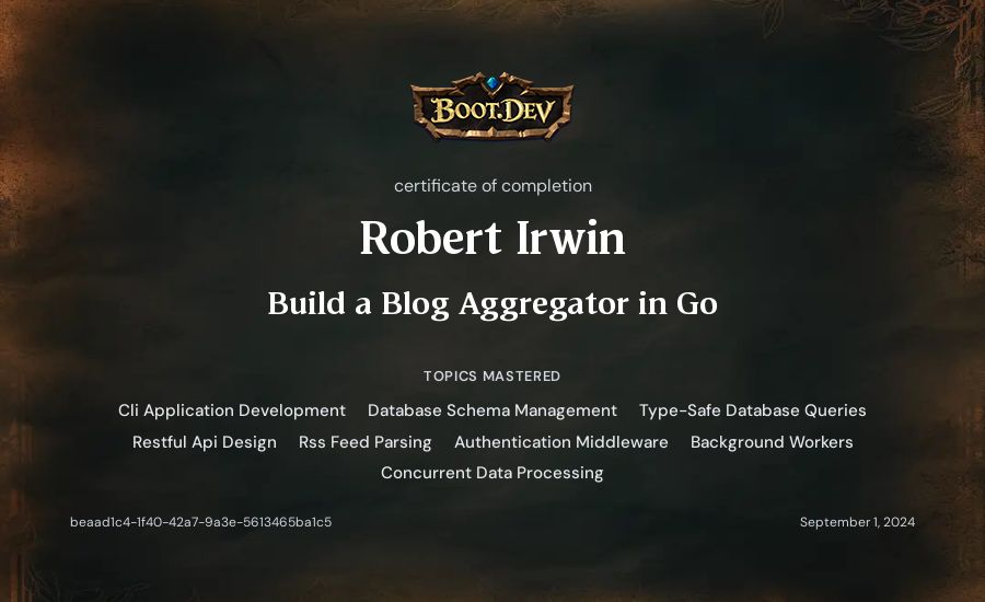 Robert Irwin's Boot.dev Build a Blog Aggregator in Go certificate