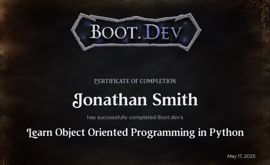 Jonathan Smith's Boot.dev Learn Object Oriented Programming in Python certificate