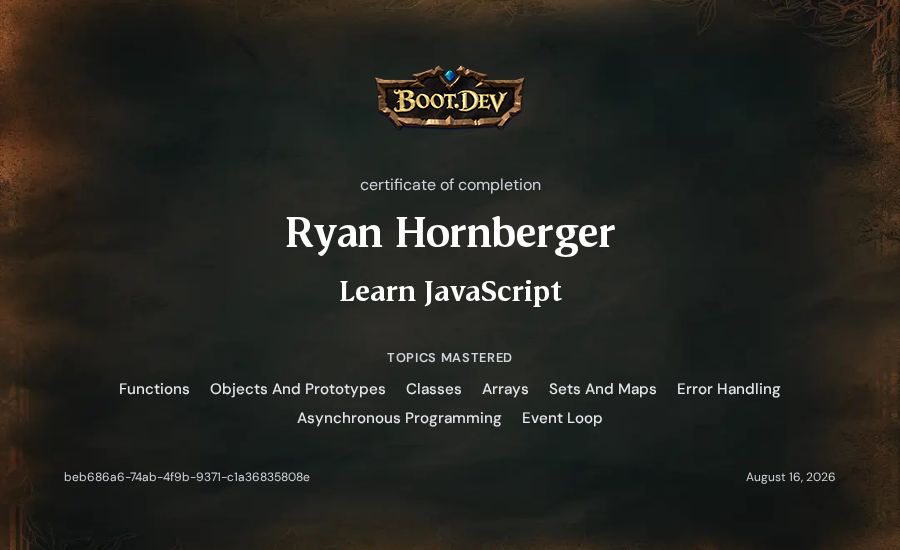 Ryan Hornberger's Boot.dev Learn JavaScript certificate