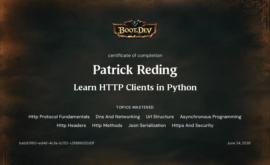 Patrick Reding's Boot.dev Learn HTTP Clients in Python certificate