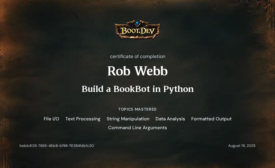 Rob Webb's Boot.dev Build a BookBot in Python certificate